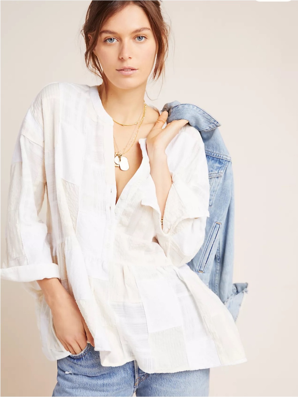Anthropologie Maeve Cream Patchwork Boho V-Neck Peasant Tunic
